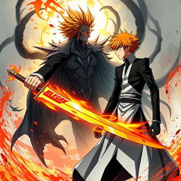 Ichigo Kurosaki in his Bankai form, wielding his impressive sword with a fiery aura surrounding him