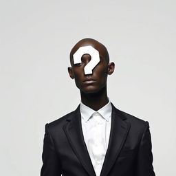 A man with a blank, question mark-shaped face, wearing a sharp, tailored suit