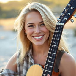 A stunning light-skinned woman with blonde hair, confidently holding an acoustic guitar