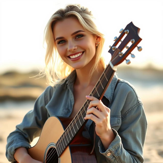 A stunning light-skinned woman with blonde hair, confidently holding an acoustic guitar