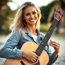 A stunning light-skinned woman with blonde hair, confidently holding an acoustic guitar