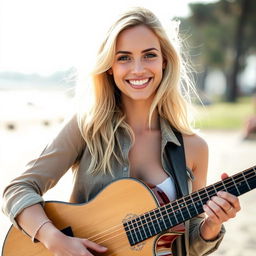 A stunning light-skinned woman with blonde hair, confidently holding an acoustic guitar