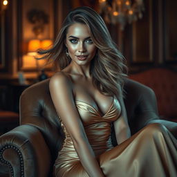 A captivating and sensual scene featuring a beautiful woman with flowing hair and alluring features, sitting gracefully on a plush velvet chair