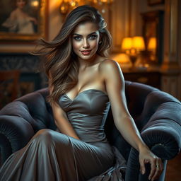 A captivating and sensual scene featuring a beautiful woman with flowing hair and alluring features, sitting gracefully on a plush velvet chair