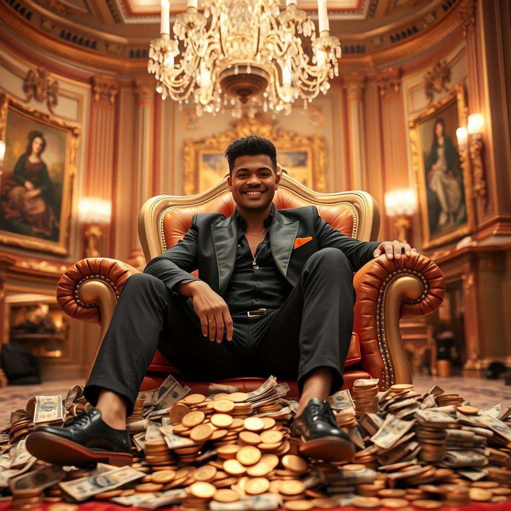 A person sitting confidently on a luxurious chair, surrounded by piles of money and gold coins, with a big smile on their face