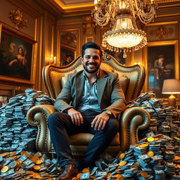 A person sitting confidently on a luxurious chair, surrounded by piles of money and gold coins, with a big smile on their face