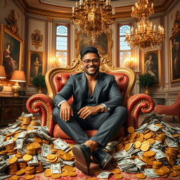 A person sitting confidently on a luxurious chair, surrounded by piles of money and gold coins, with a big smile on their face