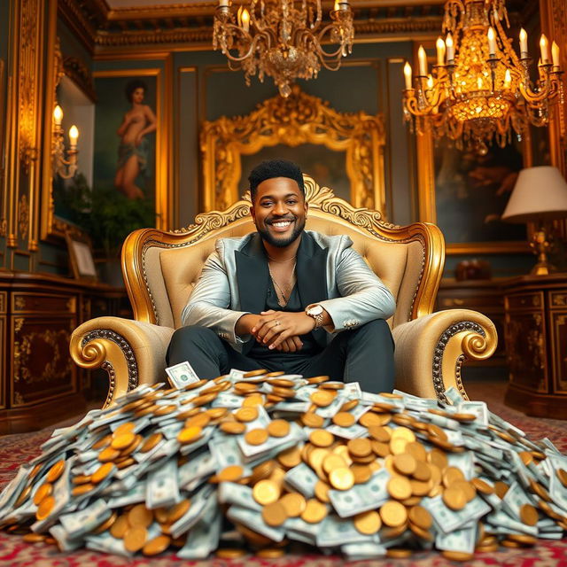 A person sitting confidently on a luxurious chair, surrounded by piles of money and gold coins, with a big smile on their face