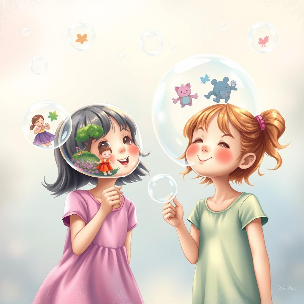 A whimsical scene featuring two girls happily blowing soap bubbles