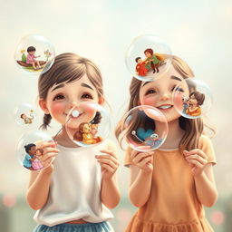 A whimsical scene featuring two girls happily blowing soap bubbles