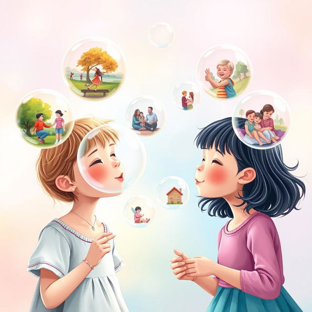 A whimsical scene featuring two girls happily blowing soap bubbles