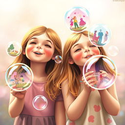 A whimsical scene featuring two girls happily blowing soap bubbles