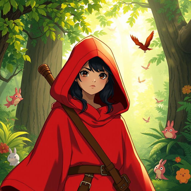 A stoic teen girl wearing a vibrant red hooded poncho, embodying the essence of a hunter in a whimsical Studio Ghibli style