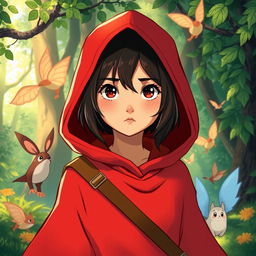A stoic teen girl wearing a vibrant red hooded poncho, embodying the essence of a hunter in a whimsical Studio Ghibli style