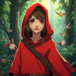 A stoic teen girl wearing a vibrant red hooded poncho, embodying the essence of a hunter in a whimsical Studio Ghibli style