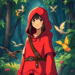A stoic teen girl wearing a vibrant red hooded poncho, embodying the essence of a hunter in a whimsical Studio Ghibli style