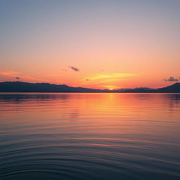 A beautiful sunset over a tranquil lake, with soft, blending colors of orange, pink, and purple reflecting on the water's surface
