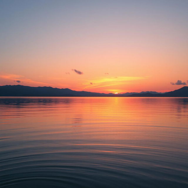 A beautiful sunset over a tranquil lake, with soft, blending colors of orange, pink, and purple reflecting on the water's surface