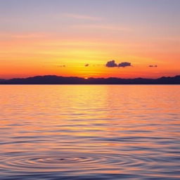 A beautiful sunset over a tranquil lake, with soft, blending colors of orange, pink, and purple reflecting on the water's surface