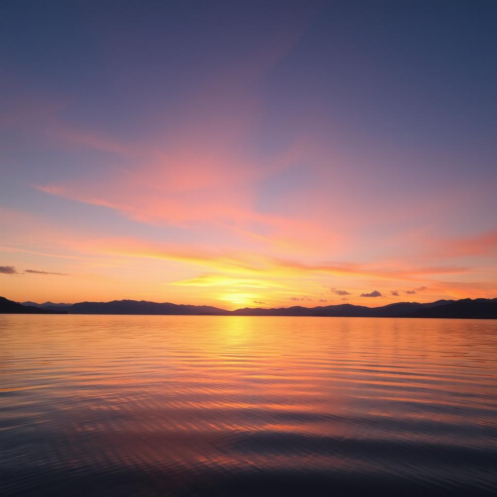 A beautiful sunset over a tranquil lake, with soft, blending colors of orange, pink, and purple reflecting on the water's surface