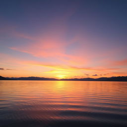 A beautiful sunset over a tranquil lake, with soft, blending colors of orange, pink, and purple reflecting on the water's surface