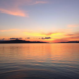 A beautiful sunset over a tranquil lake, with soft, blending colors of orange, pink, and purple reflecting on the water's surface