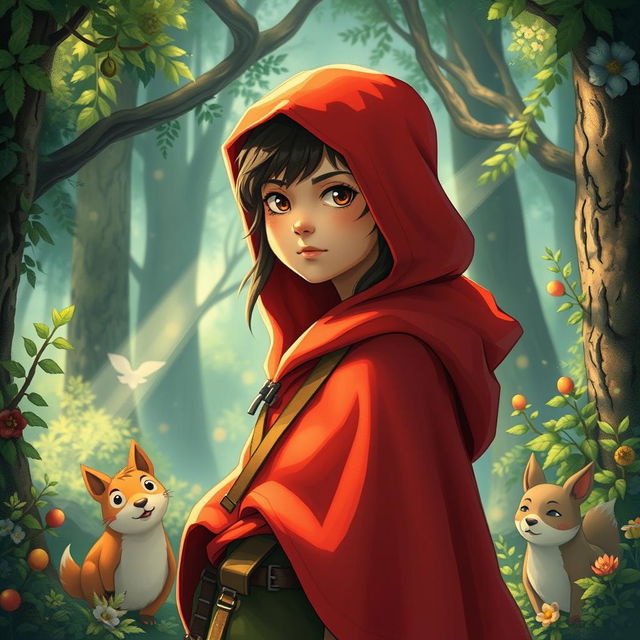 A stoic teen girl wearing a vibrant red hooded poncho, embodying the essence of a hunter in a whimsical Studio Ghibli style