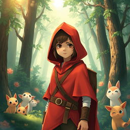 A stoic teen girl wearing a vibrant red hooded poncho, embodying the essence of a hunter in a whimsical Studio Ghibli style