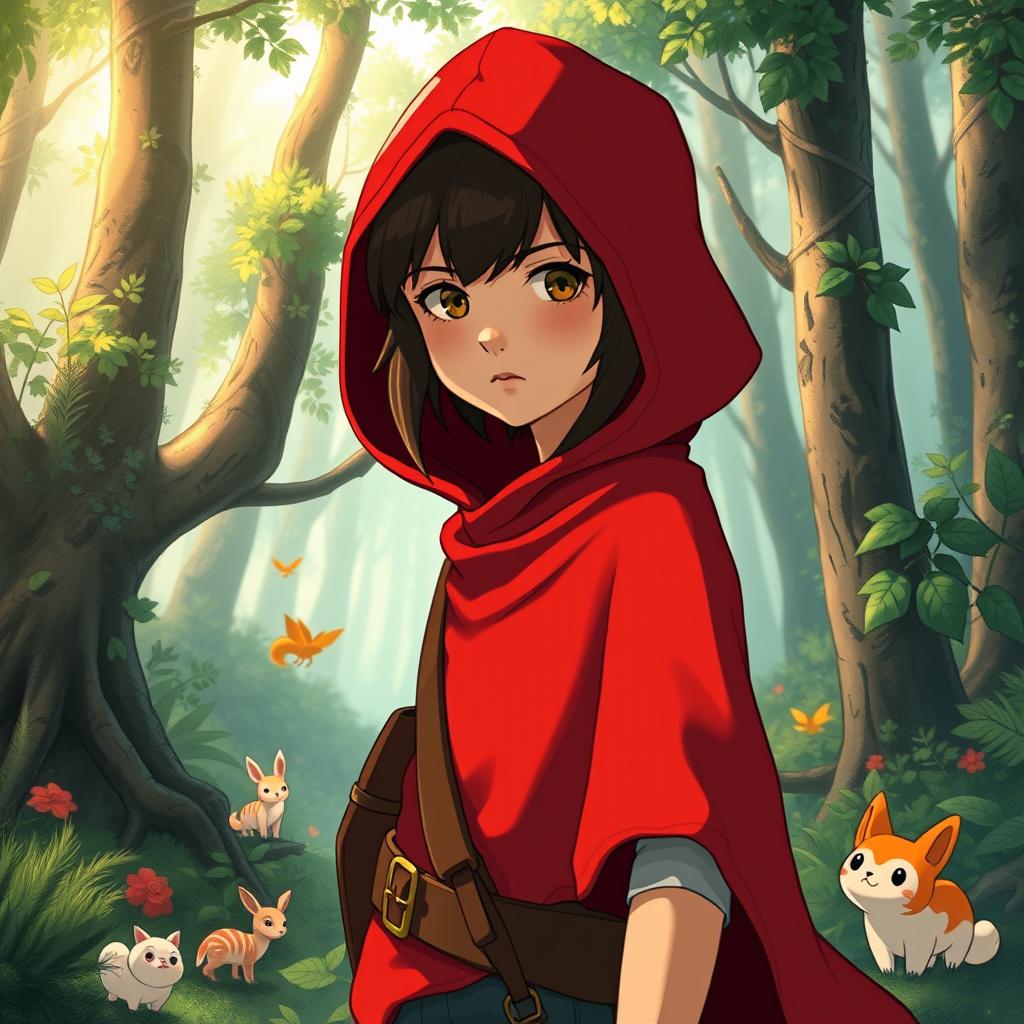 A stoic teen girl wearing a vibrant red hooded poncho, embodying the essence of a hunter in a whimsical Studio Ghibli style