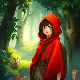 A stoic teen girl wearing a vibrant red hooded poncho, embodying the essence of a hunter in a whimsical Studio Ghibli style