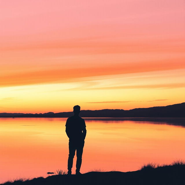 A serene sunset over a calm lake, featuring soft hues of orange and pink blending in the sky