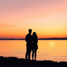 A serene sunset over a calm lake, featuring soft hues of orange and pink blending in the sky