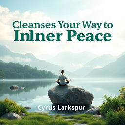 A flat book cover design featuring a realistic serene landscape as the background