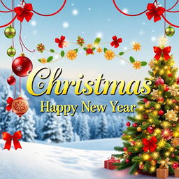A festive, cheerful design featuring the texts 'Christmas' and 'Happy New Year' in elegant, bold typography