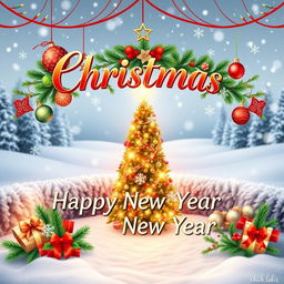 A festive, cheerful design featuring the texts 'Christmas' and 'Happy New Year' in elegant, bold typography