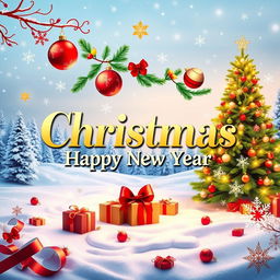 A festive, cheerful design featuring the texts 'Christmas' and 'Happy New Year' in elegant, bold typography
