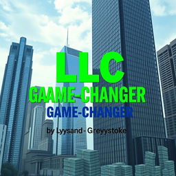 A flat book cover design set against a realistic cityscape featuring tall skyscrapers representing business success and growth