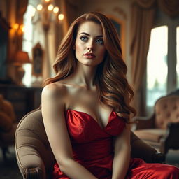 A stunning portrait of an elegant woman with long, flowing auburn hair, wearing a luxurious red satin gown that drapes gracefully, adorned with intricate lace patterns