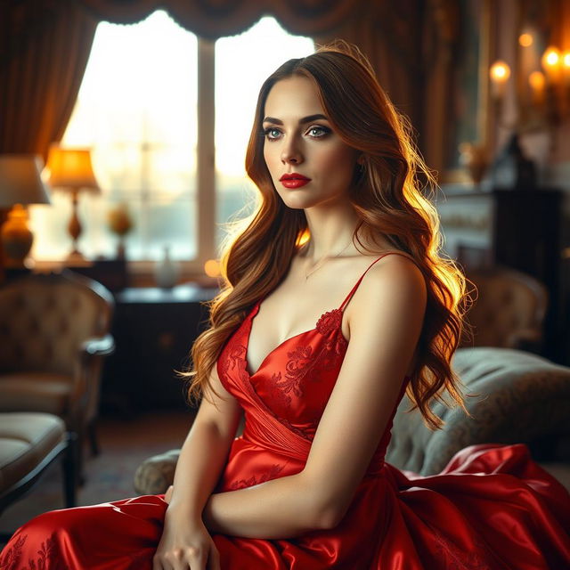 A stunning portrait of an elegant woman with long, flowing auburn hair, wearing a luxurious red satin gown that drapes gracefully, adorned with intricate lace patterns