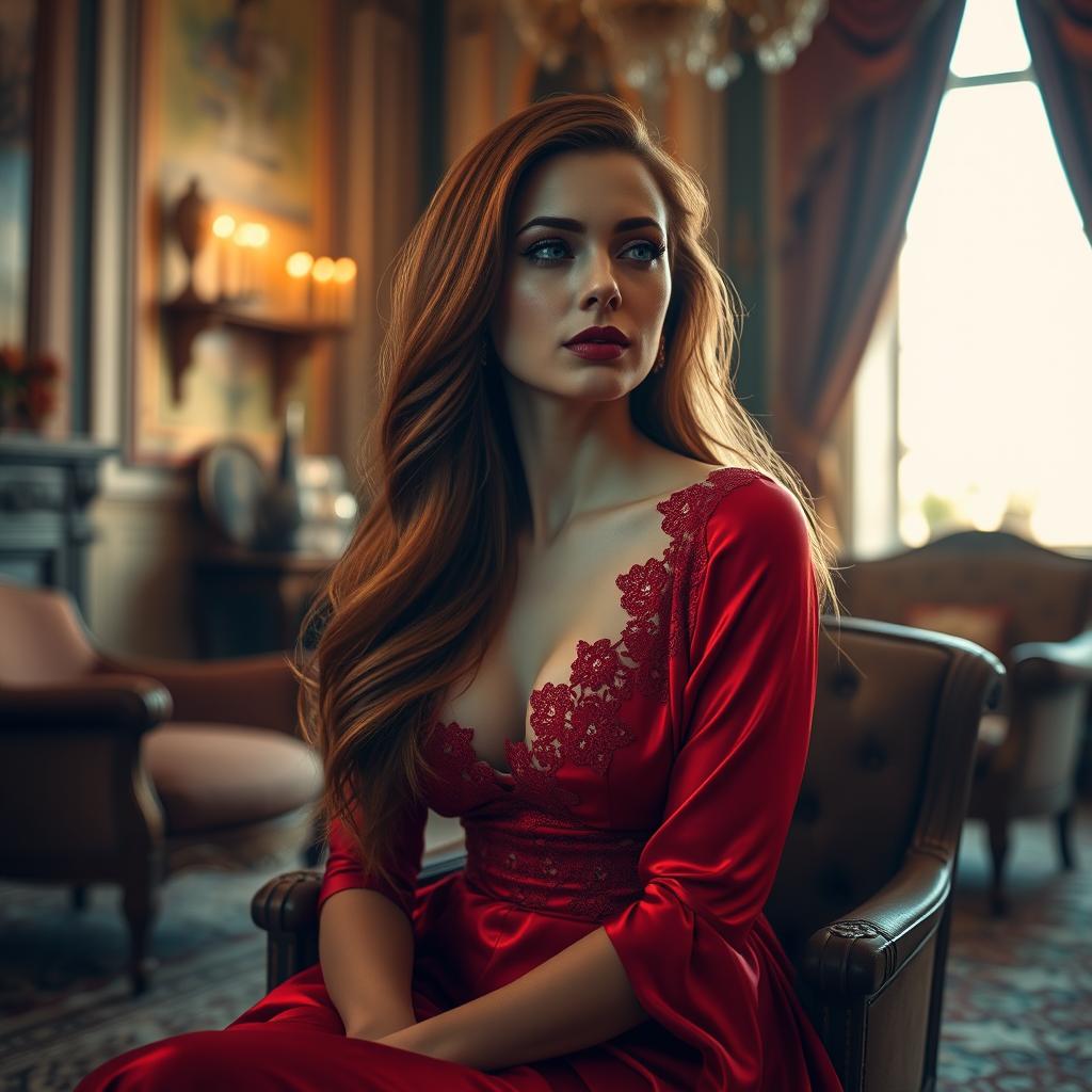 A stunning portrait of an elegant woman with long, flowing auburn hair, wearing a luxurious red satin gown that drapes gracefully, adorned with intricate lace patterns