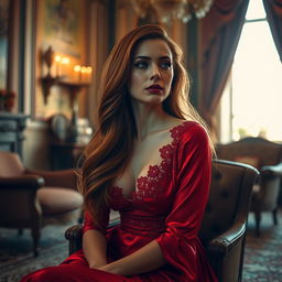 A stunning portrait of an elegant woman with long, flowing auburn hair, wearing a luxurious red satin gown that drapes gracefully, adorned with intricate lace patterns