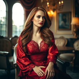 A stunning portrait of an elegant woman with long, flowing auburn hair, wearing a luxurious red satin gown that drapes gracefully, adorned with intricate lace patterns