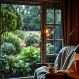 A cozy interior scene featuring a warm, inviting room with soft lighting