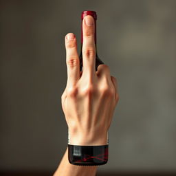 A realistic small hand holding a red wine bottle, prominently displaying a middle finger gesture