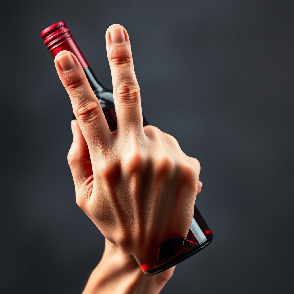 A realistic small hand holding a red wine bottle, prominently displaying a middle finger gesture