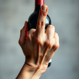 A realistic small hand holding a red wine bottle, prominently displaying a middle finger gesture