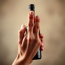 A realistic small hand holding a red wine bottle, prominently displaying a middle finger gesture