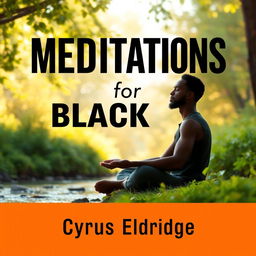 A serene and contemplative scene featuring a Black man sitting peacefully in nature, surrounded by lush greenery and a gentle stream