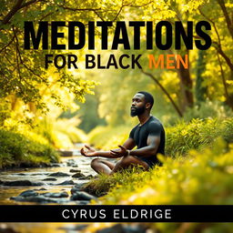 A serene and contemplative scene featuring a Black man sitting peacefully in nature, surrounded by lush greenery and a gentle stream