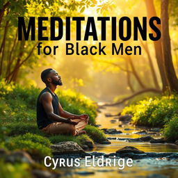 A serene and contemplative scene featuring a Black man sitting peacefully in nature, surrounded by lush greenery and a gentle stream